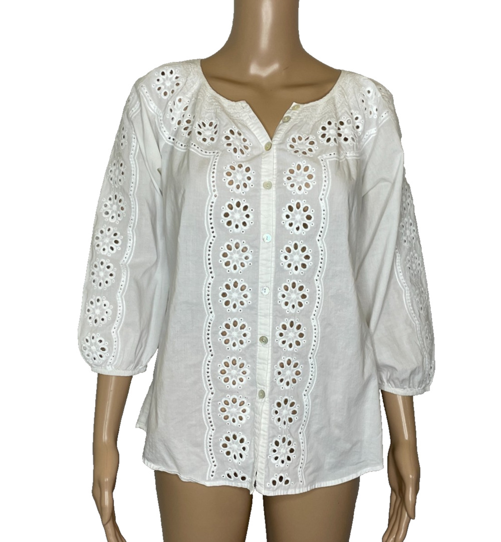 Womne's XS Sundance White Eyelet Cotton Boho Peasant Blouse Button Front